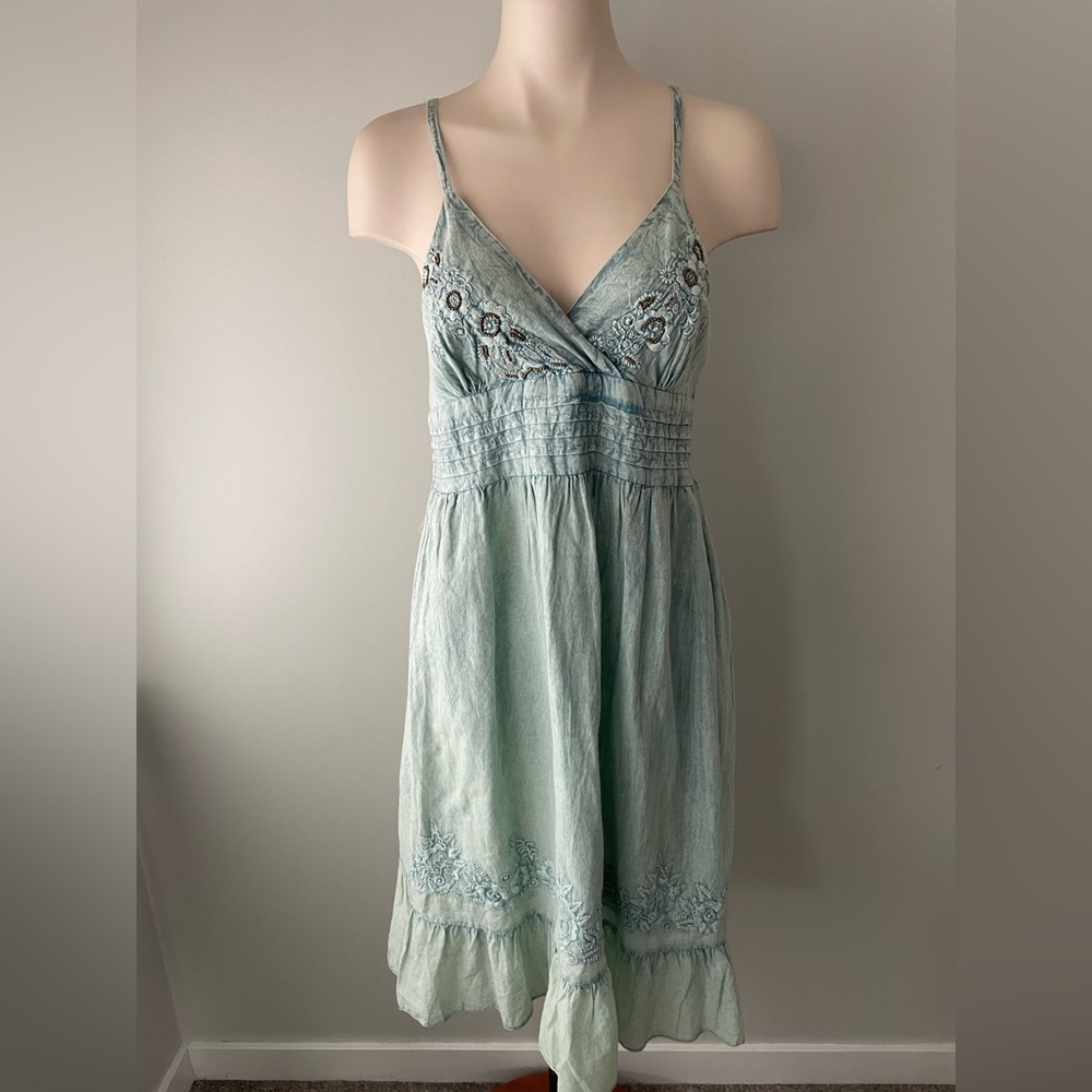 Spaghetti Strap Embroidered V-Neck Dress in Light Sage